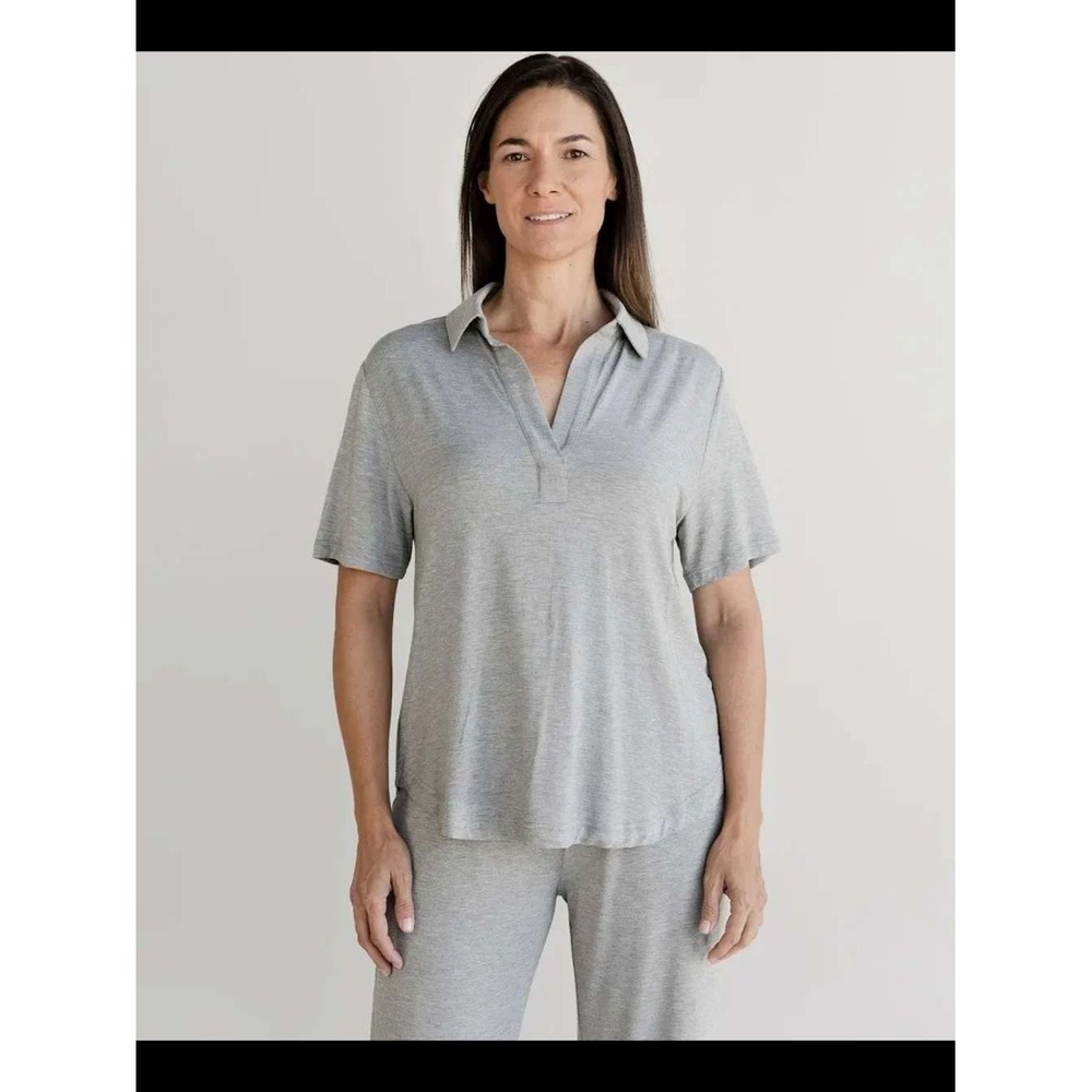 Cozy Earth Womens Gray Bamboo Viscose Short Sleeve Polo Top Size Large L